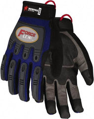 MCR Safety - Size L Work Gloves - Adjustable Closure Cuff, Black Polymer, Gray Leather, Blue Fabric, Red Logo, Paired - Benchmark Tooling