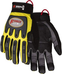 MCR Safety - Size XL Work Gloves - Adjustable Closure Cuff, Yellow Hi-Vis, Gray Leather, Red Logo, Hi-Vis Yellow Fabric, Paired - Benchmark Tooling