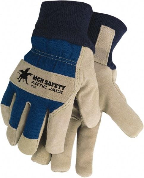 MCR Safety - Size M Pigskin General Protection Work Gloves - For Work & Driver, Uncoated, Knit Wrist Cuff, Blue/Natural, Paired - Benchmark Tooling