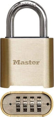 Master Lock - 2" Body Width x 3" Body Height, 1" Shackle Clearance, Brass Finish Combination Lock - 5/16" Shackle Diam, 1" Shackle Width, Set Your Own 4 Digit Combination - Benchmark Tooling