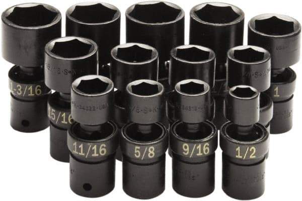 SK - 13 Piece 1/2" Drive Standard Impact Socket Set - 6 Points, 1/2 to 1-1/4", Inch Measurement Standard - Benchmark Tooling