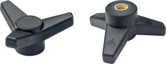 Elesa - 4" Head Diam, 3/8-16 Hole, 1-5/8" High, Glass Fibre Reinforced Technopolymer 3 Arm Knob - 1-7/16" Hub Diam, 1.42 Head Height, Female Insert Style, 3/4 Hole Depth, Black - Benchmark Tooling