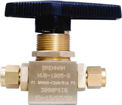 Brennan - 1/4" Pipe, Tube End Connections, Brass, Inline, Two Way Flow, Instrumentation Ball Valve - 3,000 psi WOG Rating, Nylon Handle, PTFE Seal, PFA Seat, Swaglok B-42S4 - Benchmark Tooling