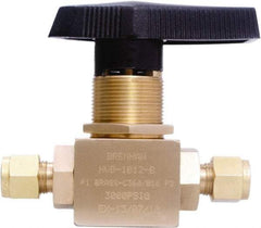 Brennan - 3/8" Pipe, Tube End Connections, Brass, Inline, Two Way Flow, Instrumentation Ball Valve - 3,000 psi WOG Rating, Nylon Handle, PTFE Seal, PFA Seat, Swaglok B-44S6 - Benchmark Tooling