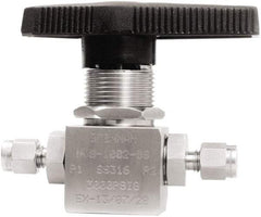 Brennan - 1/8" Pipe, Tube End Connections, Stainless Steel, Inline, Two Way Flow, Instrumentation Ball Valve - 3,000 psi WOG Rating, Nylon Handle, PTFE Seal, PFA Seat, Swaglok SS-41GS2 - Benchmark Tooling