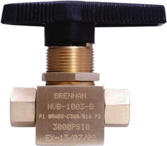 Brennan - 1/8" Pipe, NPT End Connections, Brass, Inline, Two Way Flow, Instrumentation Ball Valve - 3,000 psi WOG Rating, Nylon Handle, PTFE Seal, PFA Seat, Swaglok B-42F2 - Benchmark Tooling