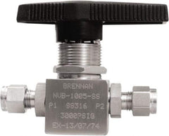 Brennan - 1/4" Pipe, Tube End Connections, Stainless Steel, Inline, Two Way Flow, Instrumentation Ball Valve - 3,000 psi WOG Rating, Nylon Handle, PTFE Seal, PFA Seat, Swaglok SS-42GS4 - Benchmark Tooling