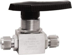 Brennan - 1/2" Pipe, Tube End Connections, Stainless Steel, Inline, Two Way Flow, Instrumentation Ball Valve - 3,000 psi WOG Rating, Nylon Handle, PTFE Seal, PFA Seat, Swaglok SS-45S8 - Benchmark Tooling