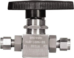 Brennan - 1/4" Pipe, Tube End Connections, Stainless Steel, Inline, Two Way Flow, Instrumentation Ball Valve - 3,000 psi WOG Rating, Nylon Handle, PTFE Seal, PFA Seat, Swaglok SS-43GS4 - Benchmark Tooling