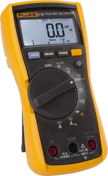 Fluke - 115, CAT III, 600 VAC/VDC, Digital True RMS Auto Ranging Manual Ranging Multimeter - 40 mOhm, Measures Voltage, Capacitance, Current, Frequency, Resistance - Benchmark Tooling