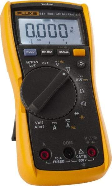 Fluke - 117, CAT III, 600 VAC/VDC, Digital True RMS Auto Ranging Manual Ranging Multimeter - 40 mOhm, Measures Voltage, Capacitance, Current, Frequency, Resistance - Benchmark Tooling