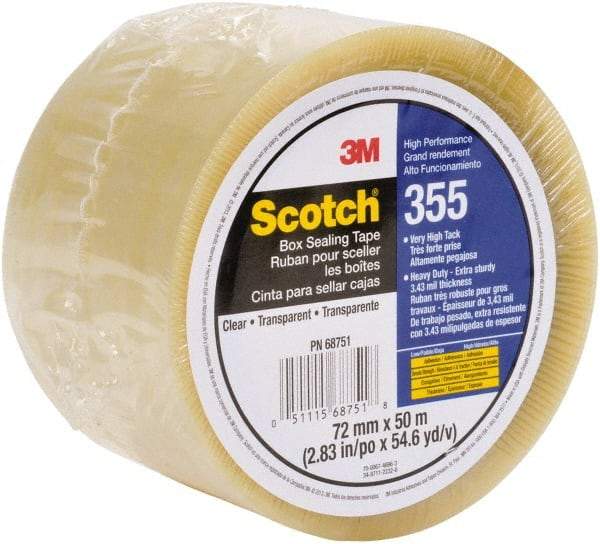 3M - 72mm x 50m Clear Rubber Adhesive Sealing Tape - Polyester Film Backing, 3.4 mil Thick, 67 Lb Tensile Strength, Series 355 - Benchmark Tooling
