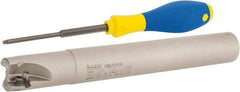 Iscar - 1" Cut Diam, 0.56" Max Depth of Cut, 1" Shank Diam, 7.87" OAL, Indexable Square Shoulder End Mill - AD..1505.., HM90 AD..1505 Inserts, Cylindrical Shank, 90° Lead Angle, Series Heli2000 - Benchmark Tooling