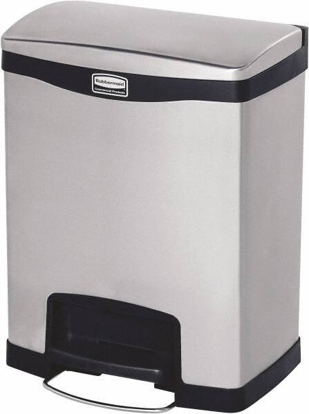 Rubbermaid - 8 Gal Rectangle Unlabeled Trash Can - 21.86" High x 16-7/8" Long, Chrome, Black, Metal - Benchmark Tooling