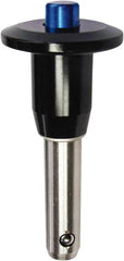 Monroe Engineering Products - 5/8" Diam, 1-1/2" Usable Length, Button Handle, Push Button Quick Release Pin - 3-3/4" OAL, Grade 4140 Steel, Zinc-Plated Finish - Benchmark Tooling