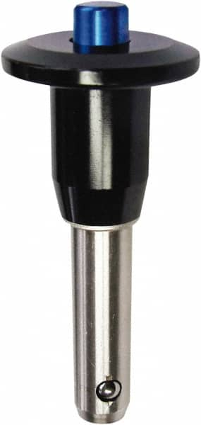 Monroe Engineering Products - 3/4" Diam, 4" Usable Length, Button Handle, Push Button Quick Release Pin - 6-3/8" OAL, Grade 4140 Steel, Zinc-Plated Finish - Benchmark Tooling