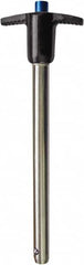 Monroe Engineering Products - 7/16" Diam, 4" Usable Length, T Handle, Push Button Quick Release Pin - 97mm OAL, Grade 4140 Steel, Zinc-Plated Finish - Benchmark Tooling