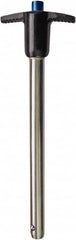 Monroe Engineering Products - 1" Diam, 5" Usable Length, T Handle, Push Button Quick Release Pin - 8-1/8" OAL, Grade 4140 Steel, Zinc-Plated Finish - Benchmark Tooling