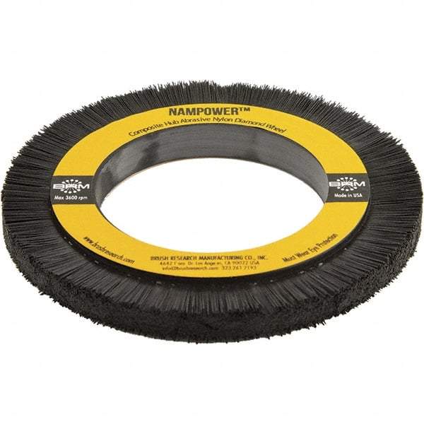 Brush Research Mfg. - 5-29/32" OD, 3-1/4" Arbor Hole, Crimped Abrasive Nylon Wheel Brush - 0.394" Face Width, 3/4" Trim Length, 3,600 RPM - Benchmark Tooling