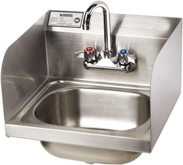 Krowne - 14" Long x 10" Wide Inside, 1 Compartment, Grade 304 Stainless Steel Hand Sink with Side Support - 20 Gauge, 14" Long x 16" Wide x 15" High Outside, 6" Deep - Benchmark Tooling