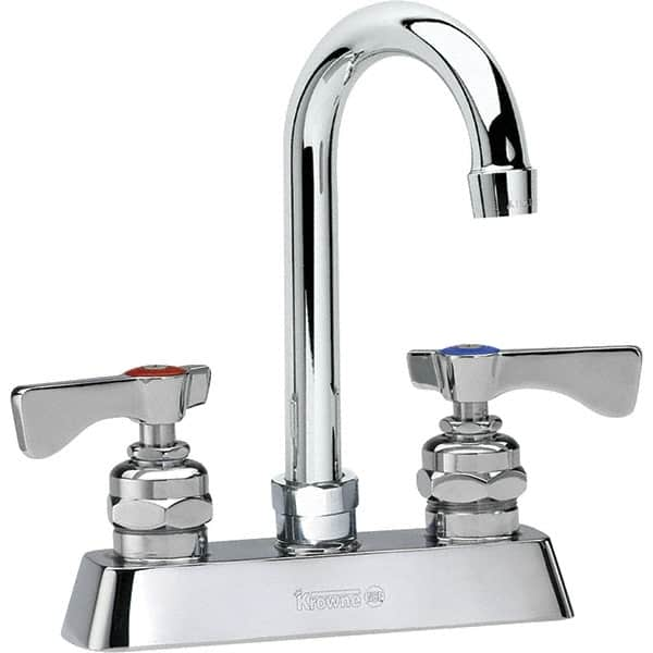 Krowne - Deck Mount, High Arc Deck Mount Faucet - Two Handle, Color Coded, Blade Handle, Gooseneck Spout and Nozzle, No Drain - Benchmark Tooling