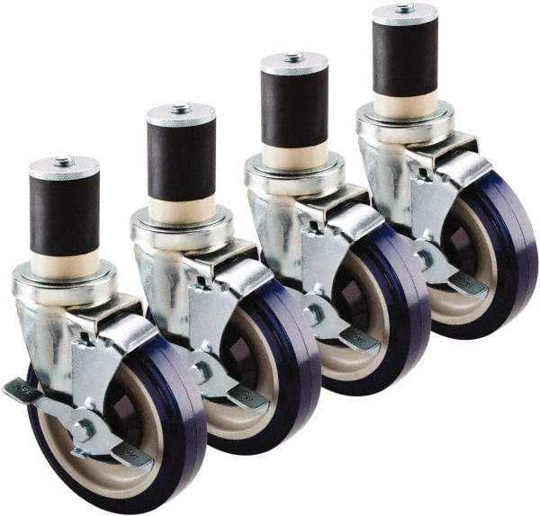 Krowne - 5" Diam x 1" Wide x 6" OAH Stem Mount Swivel Caster with Brake - Polyethylene, 200 Lb Capacity, 1-5/8" Round Stem - Benchmark Tooling