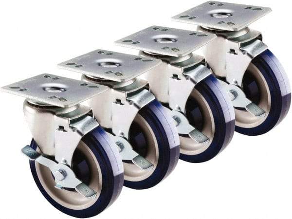 Krowne - 5" Diam x 1" Wide x 6" OAH Top Plate Mount Swivel Caster with Brake - Polyethylene, 200 Lb Capacity, 4 x 4" Plate - Benchmark Tooling