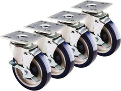 Krowne - 5" Diam x 1" Wide x 6" OAH Top Plate Mount Swivel Caster with Brake - Polyethylene, 200 Lb Capacity, 4 x 4" Plate - Benchmark Tooling