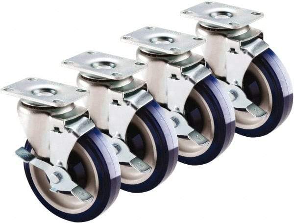 Krowne - 5" Diam x 1" Wide x 6" OAH Top Plate Mount Swivel Caster with Brake - Polyethylene, 200 Lb Capacity, 2-3/8 x 3-5/8" Plate - Benchmark Tooling