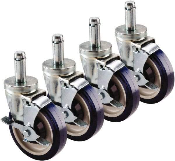 Krowne - 5" Diam x 1" Wide x 6" OAH Stem Mount Swivel Caster with Brake - Polyethylene, 200 Lb Capacity, 1" Round Stem - Benchmark Tooling