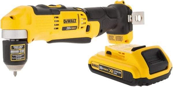 DeWALT - 20 Volt 3/8" Chuck Right Angle Handle Cordless Drill - 0-650 & 0-2000 RPM, Keyless Chuck, Reversible, 1 Lithium-Ion Battery Included - Benchmark Tooling