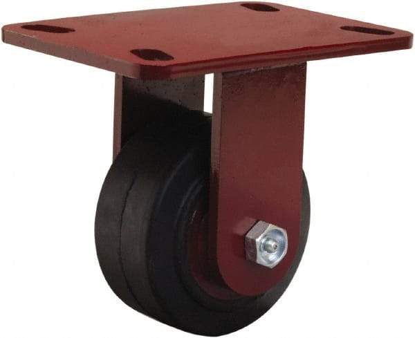 Hamilton - 4" Diam x 2" Wide x 5-5/8" OAH Top Plate Mount Rigid Caster - Rubber Mold on Cast Iron, 300 Lb Capacity, Straight Roller Bearing, 4-1/2 x 6-1/2" Plate - Benchmark Tooling