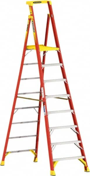 Werner - 8 Steps, 8' High, Type IA Rating, Fiberglass Step Ladder - 300 Lb Load Capacity, 34-3/4" Base Width - Benchmark Tooling