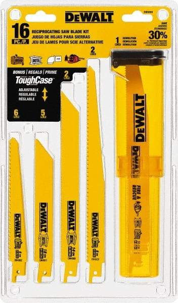 DeWALT - 16 Pieces, 6" to 9" Long x 0.04" Thickness, Bi-Metal Reciprocating Saw Blade Set - Straight Profile, 6 to 18 Teeth, Toothed Edge - Benchmark Tooling