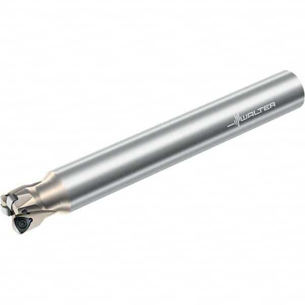 Walter - 21° Lead Angle, 1-1/4" Max Cut Diam, 0.793" Min Cut Diam, 0.039" Max Depth of Cut, Indexable Chamfer & Angle End Mill - 3 Inserts, P23696 Insert Style, 10" OAL, Through Coolant, Straight Shank - Benchmark Tooling