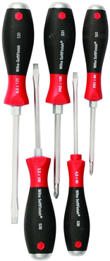 5 Piece - SoftFinish® Cushion Grip Extra Heavy Duty Screwdriver w/ Hex Bolster & Metal Striking Cap Set - #53075 - Includes: Slotted 4.5 - 6.5mm Phillips #1 - 2 - Extra Heavy Duty - Benchmark Tooling