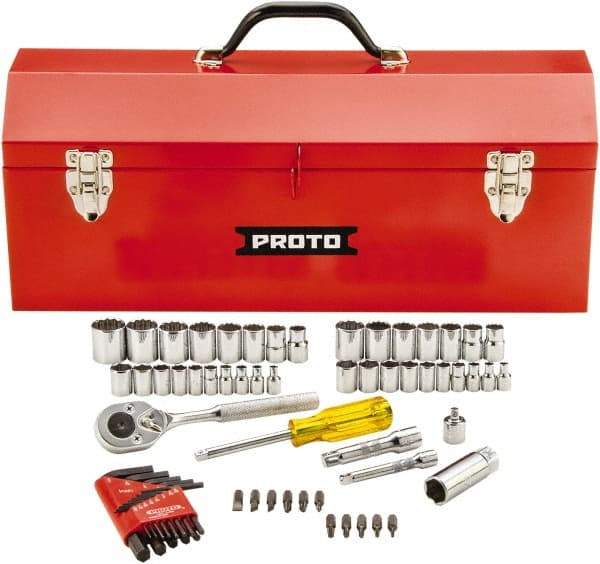 Proto - 65 Piece 1/4 & 3/8" Drive Standard Socket Set - 6 & 12 Points, 1/4 to 5/8", 4 to 17mm, Inch/Metric Measurement Standard - Benchmark Tooling