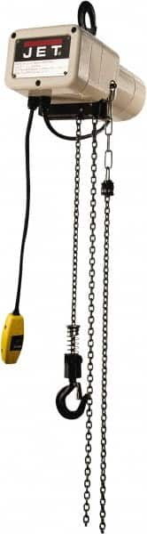 Jet - 1/8 Ton Capacity, 16 FPM Lift Speed, Electric Chain Hoist - 10' Max Lift, 15-1/4" Min Headroom - Benchmark Tooling