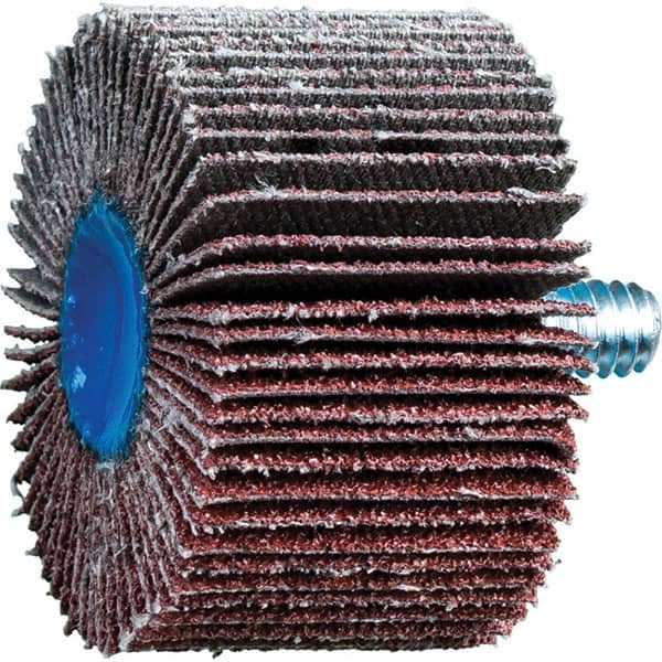 PFERD - 1-1/2" Diam x 1" Face Width, Aluminum Oxide Coated Mounted Flap Wheel - 1/4-20 Threaded Mount, 60 Grit, 23,000 Max RPM - Benchmark Tooling