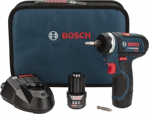 Bosch - 12 Volts, Lithium-Ion Battery, 1/4 Inch Keyless Chuck, Pistol Grip Cordless Drill - 600 RPM, 265 Inch/Lbs. Torque, 2 Speed, Reversible, Includes (2) Lithium-Ion 12V Max Batteries, 30 Minute Charger, Carrying Case - Benchmark Tooling