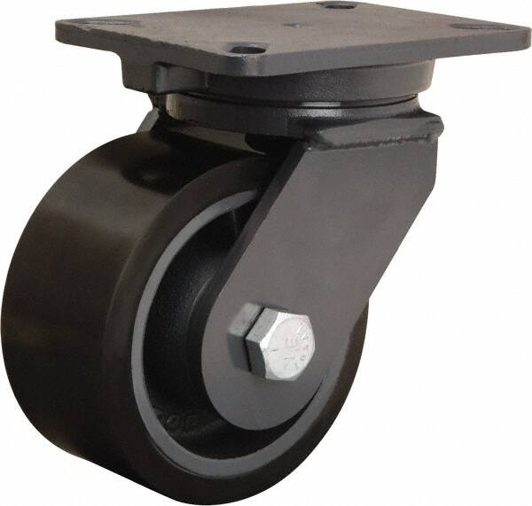 Hamilton - 6" Diam x 3" Wide x 8" OAH Top Plate Mount Swivel Caster - Polyurethane Mold onto Cast Iron Center, 2,860 Lb Capacity, Sealed Precision Ball Bearing, 5-1/4 x 7-1/4" Plate - Benchmark Tooling