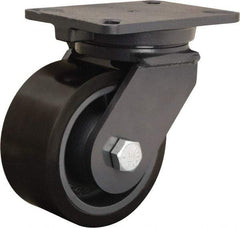 Hamilton - 6" Diam x 3" Wide x 8" OAH Top Plate Mount Swivel Caster - Polyurethane Mold onto Cast Iron Center, 2,860 Lb Capacity, Tapered Roller Bearing, 5-1/4 x 7-1/4" Plate - Benchmark Tooling