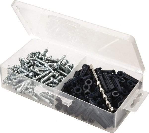 Value Collection - 200 Piece, #10 to 12 Screw, Plastic & Steel Slotted/Phillips Drive Anchor Assortment - Zinc Plated, 1" Long - Benchmark Tooling