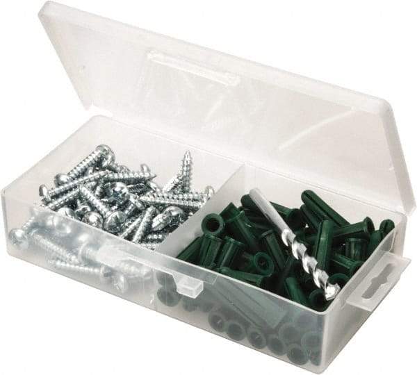 Value Collection - 100 Piece, #14 to 16 Screw, Plastic & Steel Slotted/Phillips Drive Anchor Assortment - Zinc Plated, 1-1/2" Long - Benchmark Tooling