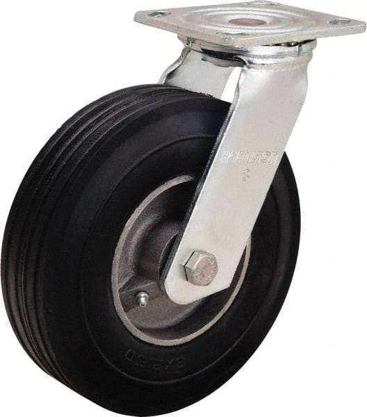 Hamilton - 8" Diam x 2" Wide, Rubber Swivel Caster - 500 Lb Capacity, Top Plate Mount, 4" x 4-1/2" Plate, Straight Roller Bearing - Benchmark Tooling