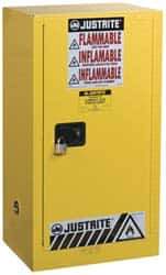 Justrite - 1 Door, 1 Shelf, Yellow Steel Space Saver Safety Cabinet for Flammable and Combustible Liquids - 44" High x 23-1/4" Wide x 18" Deep, Self Closing Door, 15 Gal Capacity - Benchmark Tooling