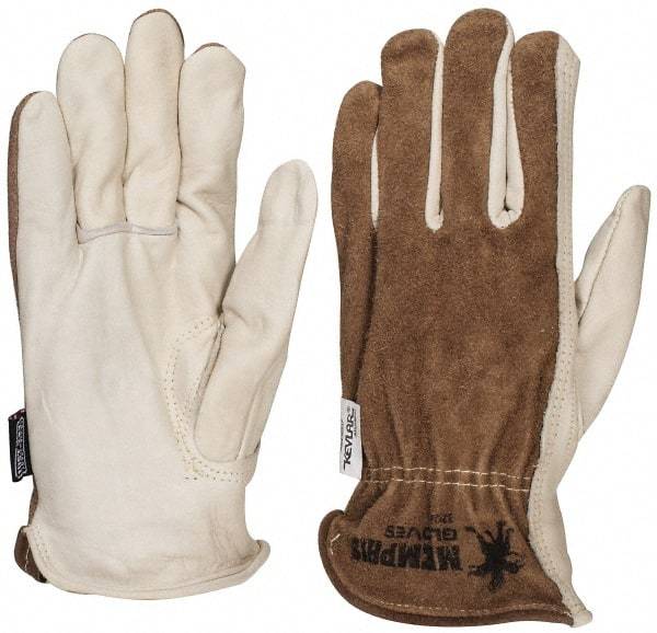 MCR Safety - Size L (9) Split Back/Grain Palm Cowhide General Protection Work Gloves - For Work & Driver, Uncoated, Full Fingered, Cream/Black/Brown, Paired - Benchmark Tooling