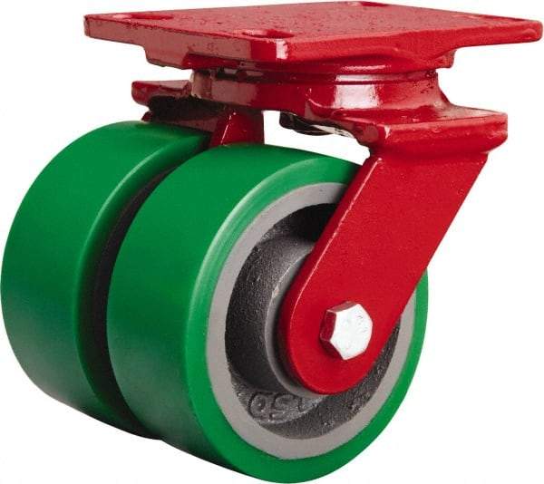 Hamilton - 5" Diam x 2" Wide x 6-3/4" OAH Top Plate Mount Swivel Caster - Polyurethane Mold onto Cast Iron Center, 2,100 Lb Capacity, Sealed Precision Ball Bearing, 4-1/2 x 6-1/2" Plate - Benchmark Tooling