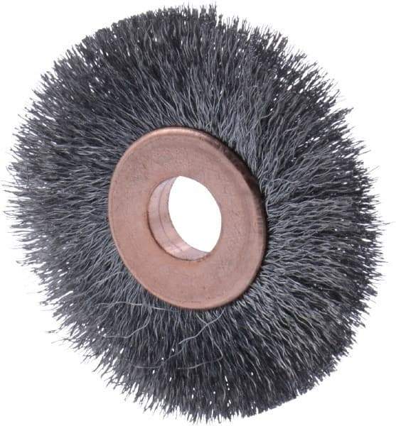 Osborn - 1-1/2" OD, 1/4" Arbor Hole, Crimped Steel Wheel Brush - 1/8" Face Width, 21/64" Trim Length, 0.003" Filament Diam, 20,000 RPM - Benchmark Tooling