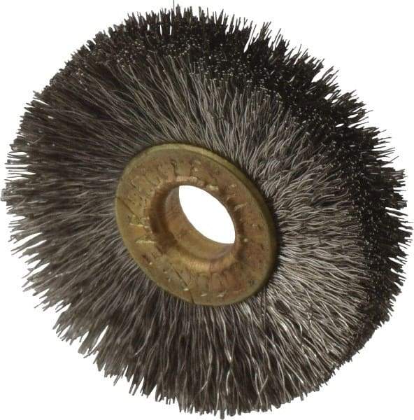 Osborn - 1-1/4" OD, 1/4" Arbor Hole, Crimped Stainless Steel Wheel Brush - 3/16" Face Width, 21/64" Trim Length, 0.005" Filament Diam, 20,000 RPM - Benchmark Tooling